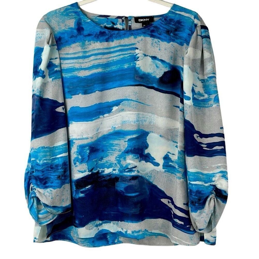 DKNY Women's Petite Round Neck Long Sleeve Allover Print Blouse PXL